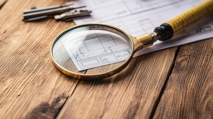 A magnifying glass rests on a blueprint, surrounded by keys and tools, on a rustic wooden table.