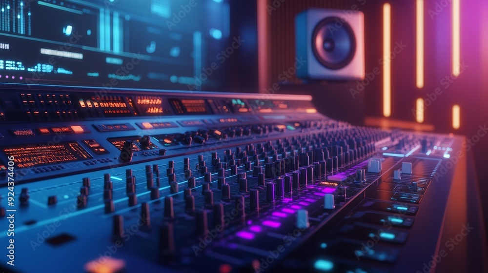 Poster a professional audio mixing console in a recording studio with neon lights and a computer monitor in