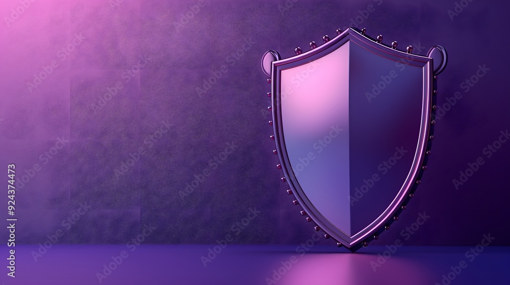 Poster digital rendering of a metallic shield on a purple gradient background, symbolizing security and pro