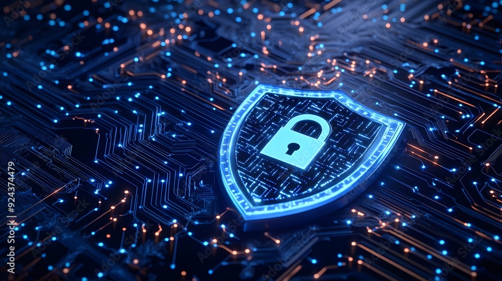 Poster digital secure shield with padlock symbol on cyber network background, representing data protection 