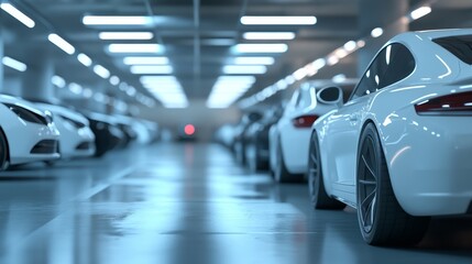 A row of sleek white cars parked in a modern garage,  with soft lighting casting long shadows on the floor.