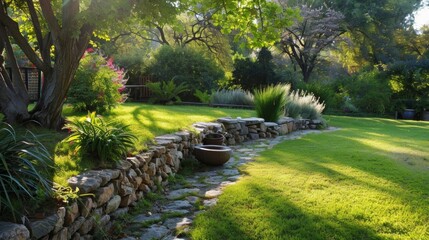 Obraz premium A serene garden with a rough stone wall acting as a boundary blending seamlessly into the natural surroundings.