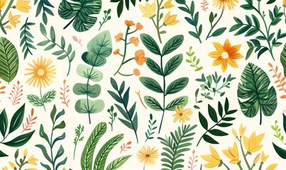  Summer plants pattern - tropical leaves and flowers design