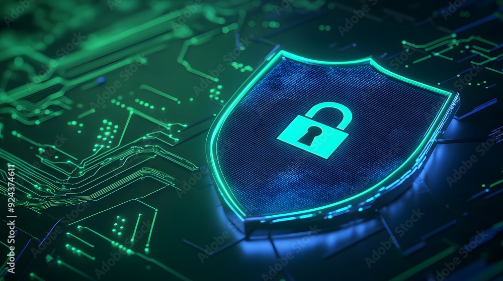 Poster digital security concept, shield with lock icon on a futuristic circuit board background representin