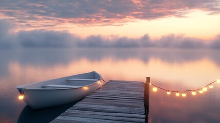 A white boat sits at a wooden dock with string lights, overlooking a misty lake at sunset.