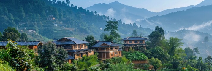 Fototapeta premium Houses in a peaceful natural landscape surrounded by hills and valleys.