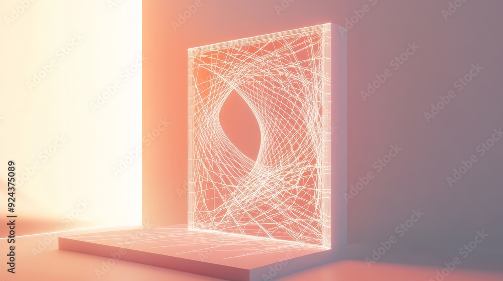 Poster abstract geometric pattern glowing with warm light in a minimalist setting.