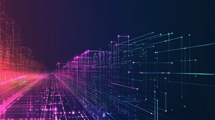 Obraz premium Abstract digital city with glowing lines and dots in pink and blue. Futuristic technology concept.