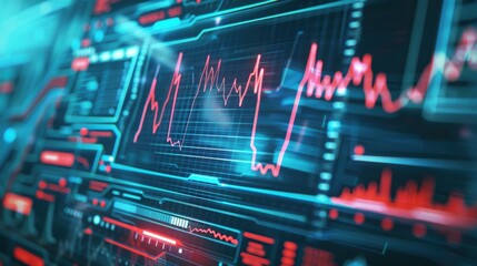 Fototapeta premium Futuristic data visualization with vibrant graphs and digital interface elements, ideal for technology and finance themes.