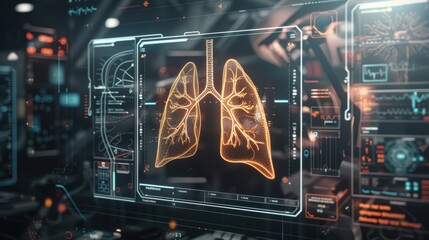Futuristic holographic display of human lungs in medical research facility, showcasing advanced technology in healthcare and diagnostics.