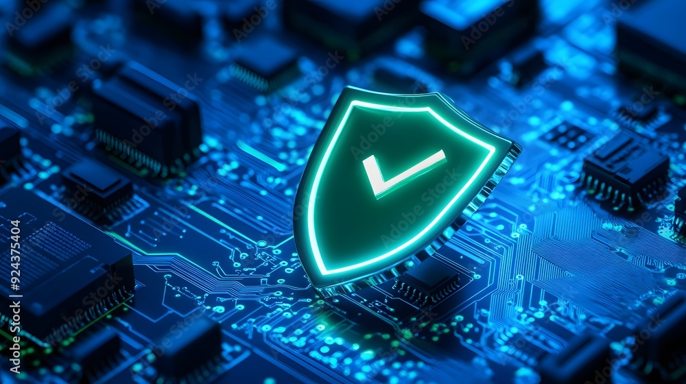 Poster digital security concept with a glowing shield and checkmark on a circuit board, symbolizing cyberse