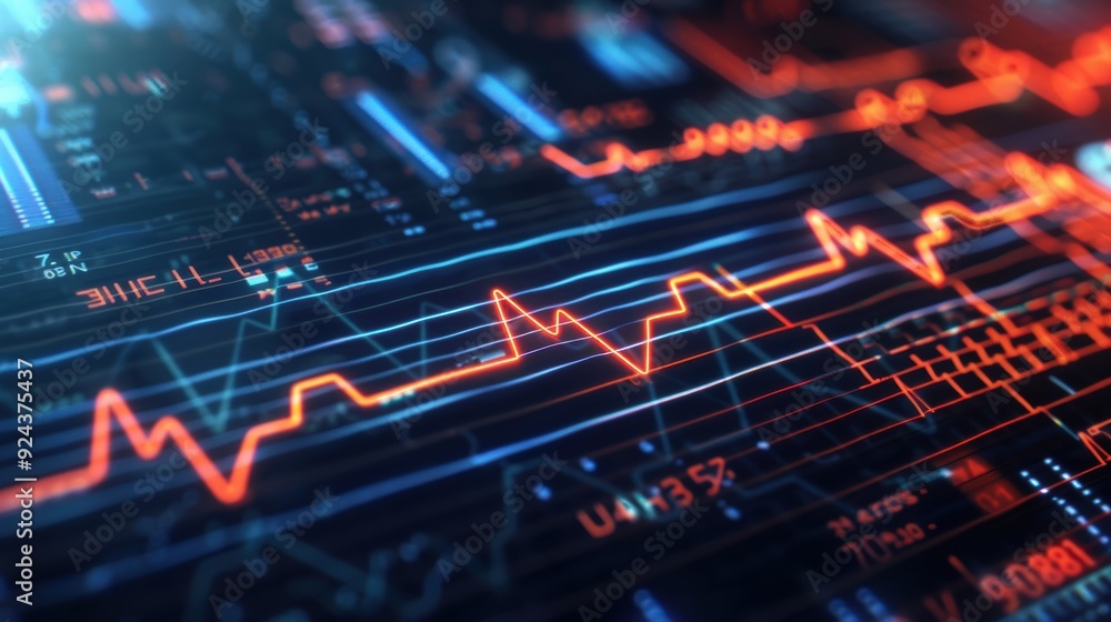 Poster close-up of a digital financial graph analyzing stock market trends with glowing lines, showcasing d