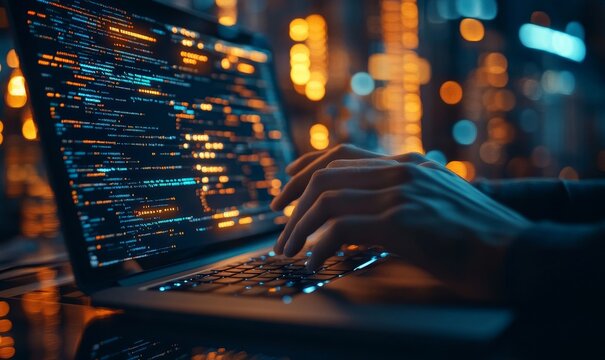 Data exchange, digital technology, cloud computing concept. Computer programmer working with tablet computer and laptop with AI and data exchange, computer code, internet global, Generative AI