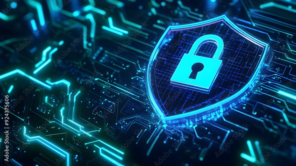 Poster digital security concept with a glowing shield and padlock graphic on a technological background rep