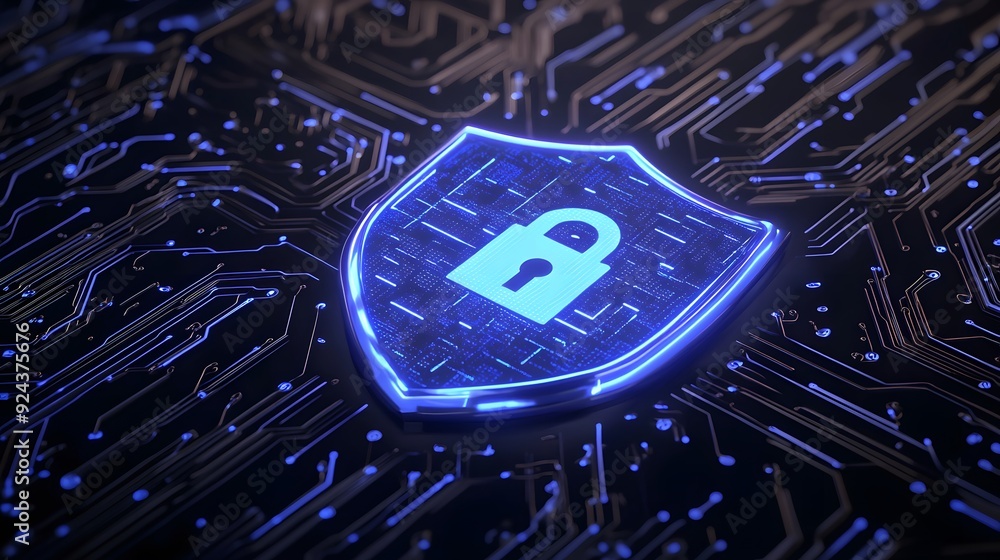 Poster digital security concept with a glowing shield and padlock icon on a circuit board background highli