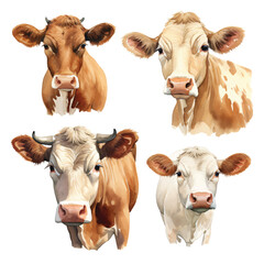 watercolor painting of cow four collection isolated