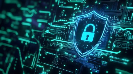 Fototapeta premium Digital security concept with a glowing shield and lock symbol on a neural circuit background, representing data protection and cybersecurity.