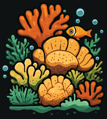 Vibrant coral reef scene with orange and yellow corals, green seaweed, and a small yellow fish in a dark underwater setting