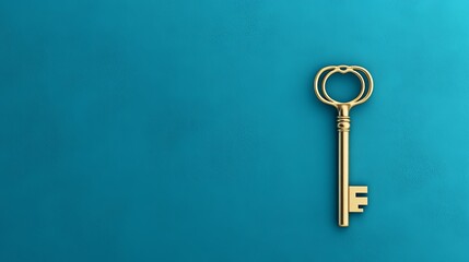 semi close-up of a decorative golden key positioned on a teal background, symbolizing power, access, and historical significance, detailed and sophisticated, strong visual impact, copy space for text,
