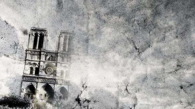 Collage of moving main landmarks of Paris on old grunge paper with time lapse of sky with clouds. Sacre Coeur, Notre Dame and Eiffel Tower. 4k creative video animation with parallax effect.