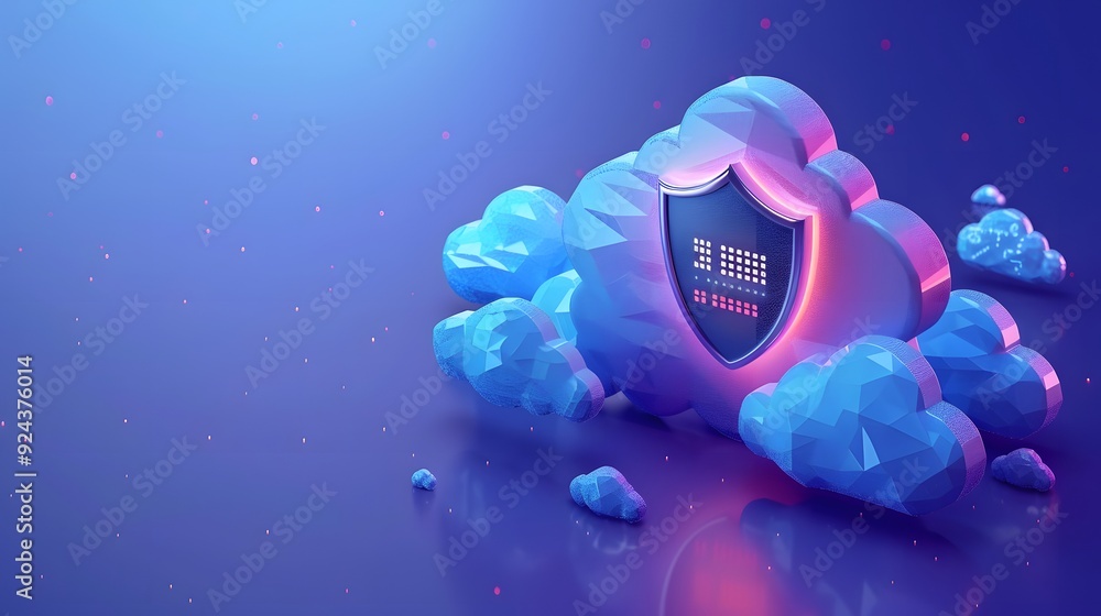 Poster digital security concept with cloud computing, showcasing a shield icon, encryption, and protection.