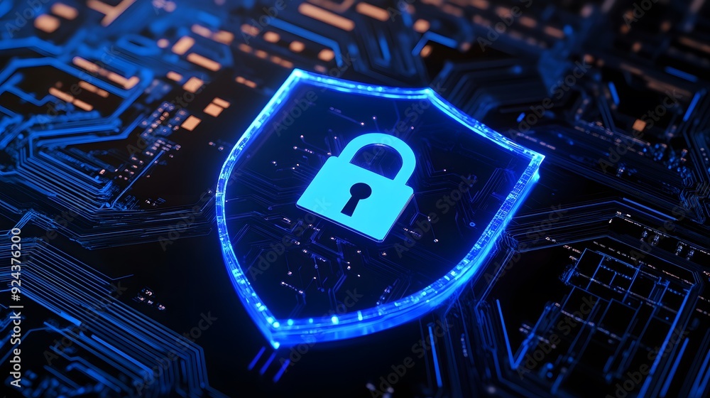 Poster digital security concept with glowing lock symbol on a circuit board. cyber protection, data encrypt