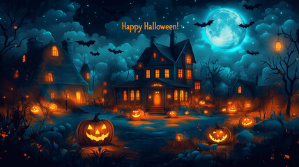 Halloween-themed greeting card designed in real style , featuring a spooky yet playful scene. The card includes elements like a jack-o'-lantern, a haunted house, bats, and a full moon, all set against