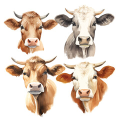 watercolor painting of cow four collection isolated