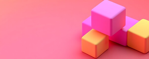 Stack of pink and yellow cubes on a pink background.