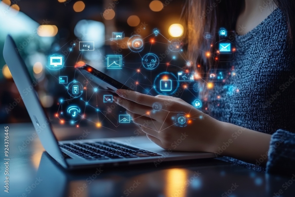 Poster internet of things iot, e-commerce concept. woman using mobile phone with internet network connectio