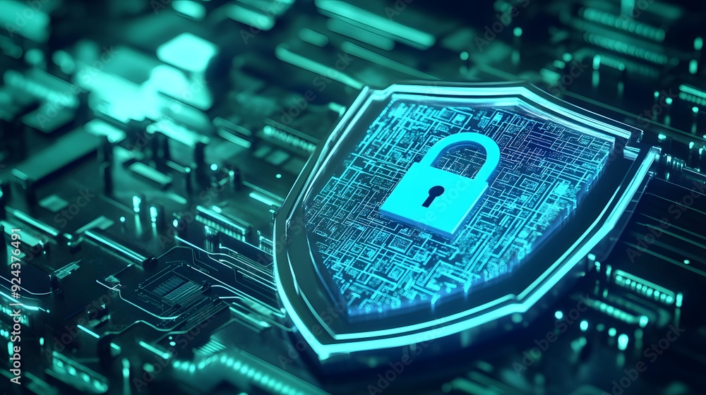 Aufkleber digital security concept with padlock on a shield symbol on a circuit board, representing data prote