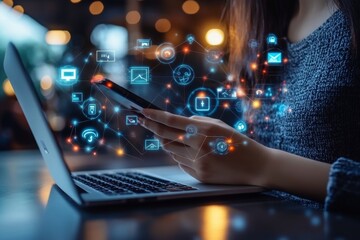 Fototapeta premium Internet of Things IoT, E-commerce concept. Woman using mobile phone with internet network connection via mobile apps, digital marketing, online shopping and mobile, Generative AI