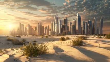  Middle east skyline: urban skyscrapers surrounded by nature and sand dunes