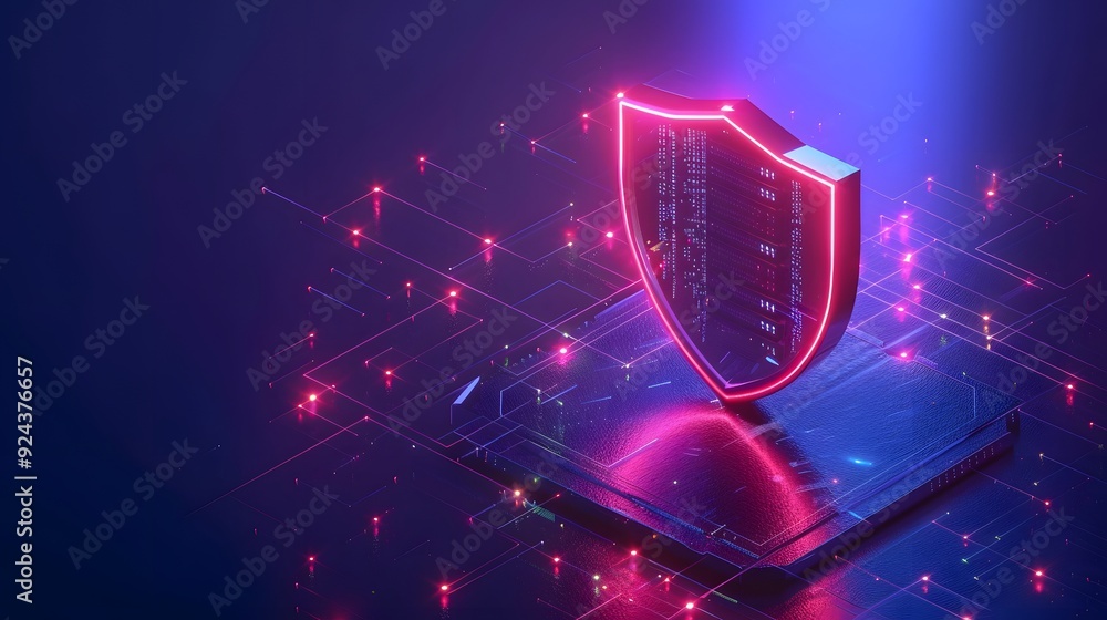 Poster digital security illustration featuring a glowing shield symbolizing cybersecurity, data protection,