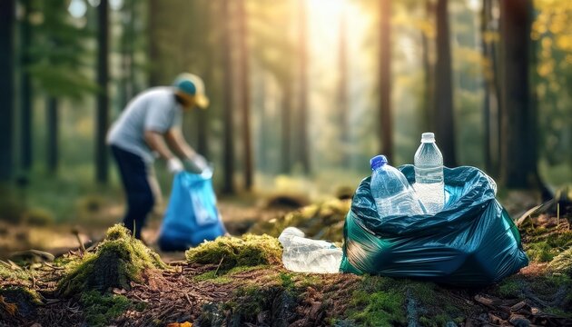Personas juntando basura en el bosque, cuidado del medio ambiente