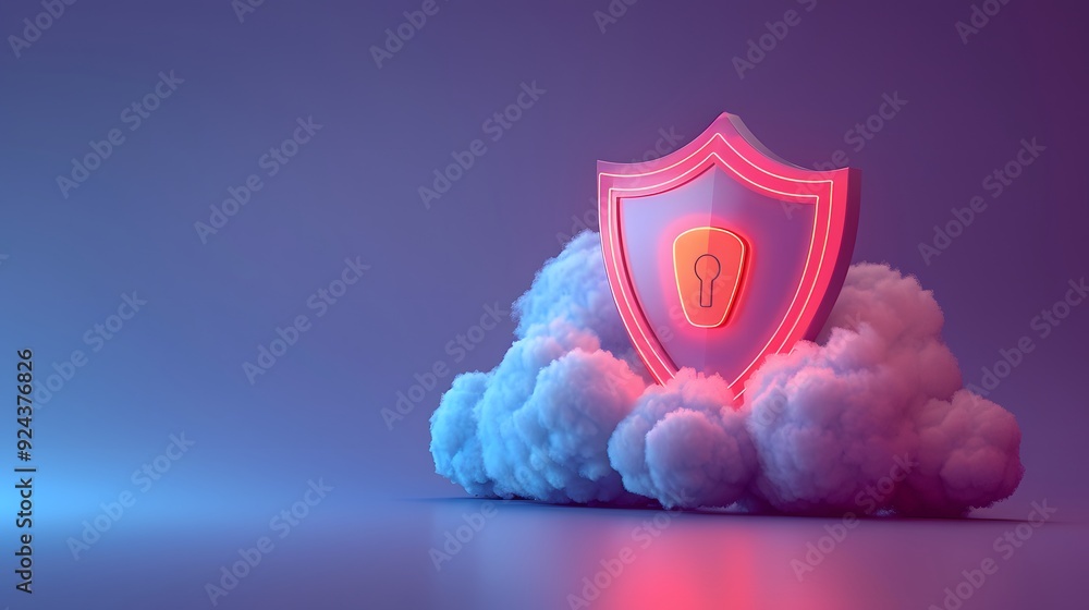 Poster digital security shield icon hovering over a cloud symbolizing data protection and cybersecurity in 