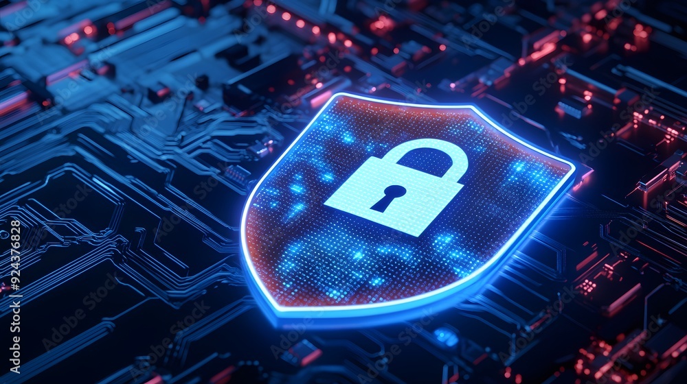 Aufkleber digital security shield graphic highlighting cybersecurity and data protection concepts on a motherb