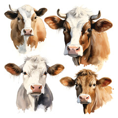 watercolor painting of cow four collection isolated