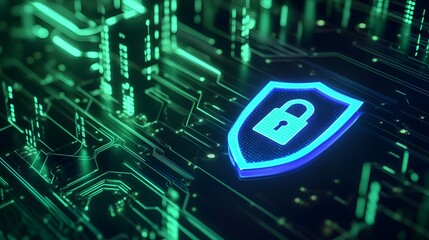 Fototapeta premium Digital security representation with glowing lock symbol on a shield over a circuit board, illustrating cybersecurity and data protection concepts.