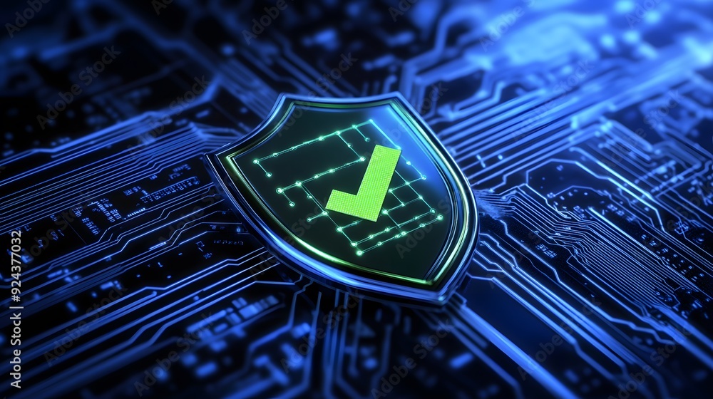 Aufkleber digital security shield with a green checkmark on a futuristic circuit board background, symbolizing