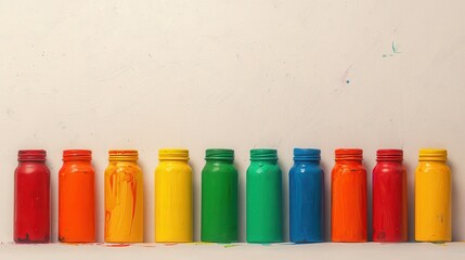 Brightly colored paint bottles on plain paper, with space for text or images.


