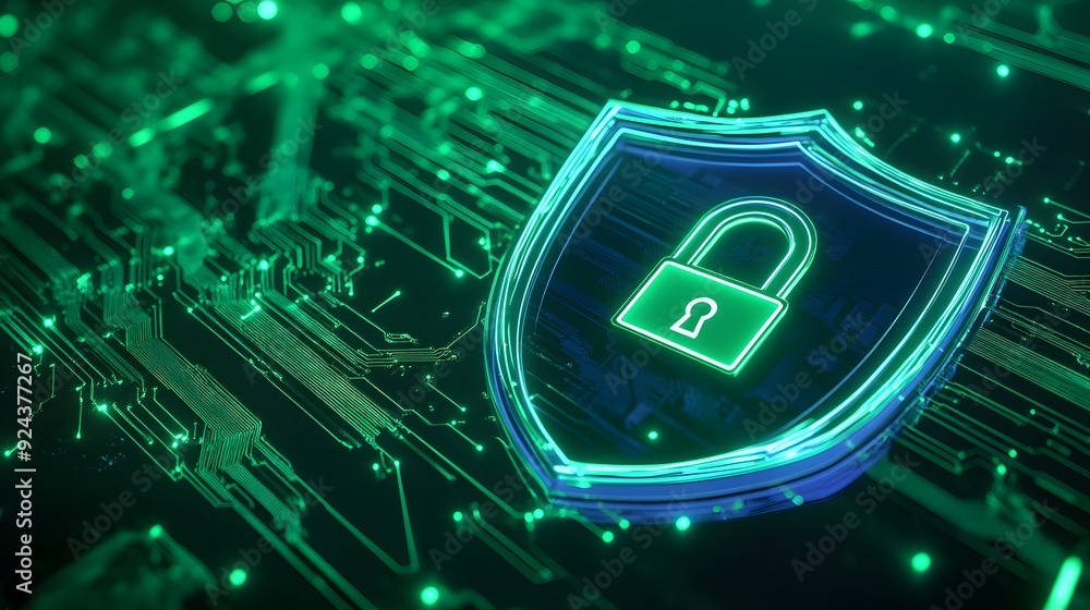 Poster digital security shield with lock icon representing cybersecurity and data protection on a green cir