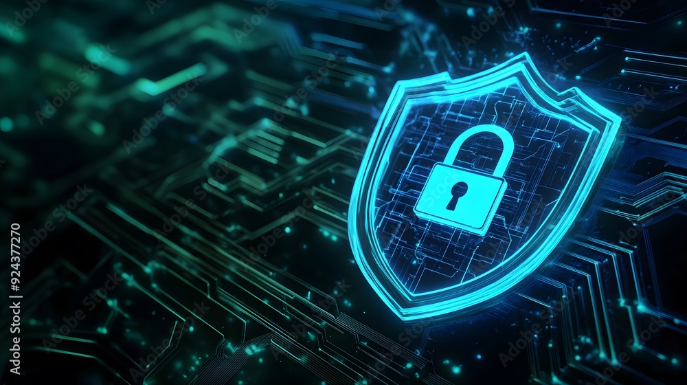 Poster digital security shield with padlock icon representing cybersecurity and data protection on a futuri