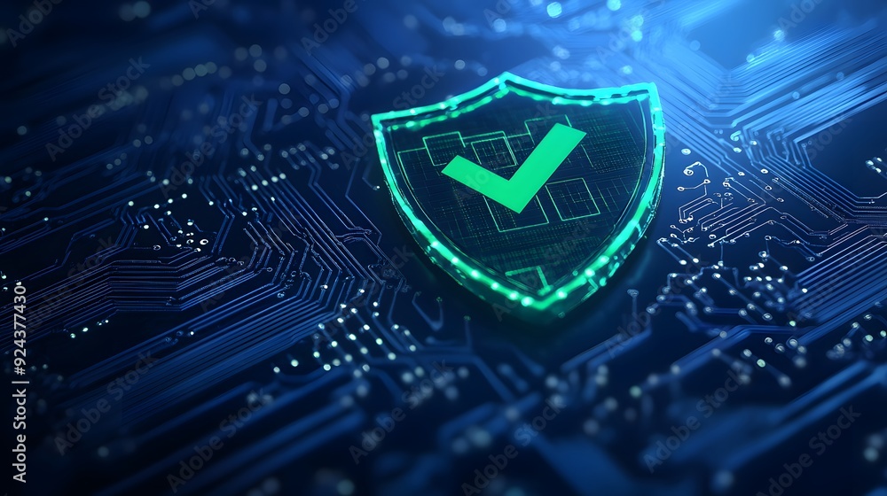 Poster Digital shield displaying a check mark, symbolizing cybersecurity and data protection on a blue, futuristic circuit board background.