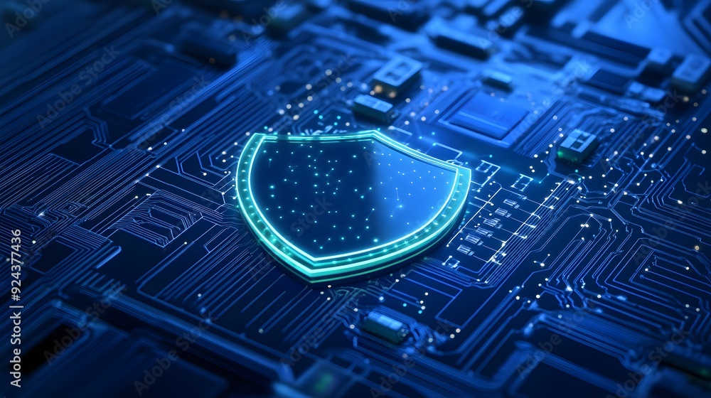 Poster digital shield icon on a blue circuit board, representing cybersecurity and data protection in moder
