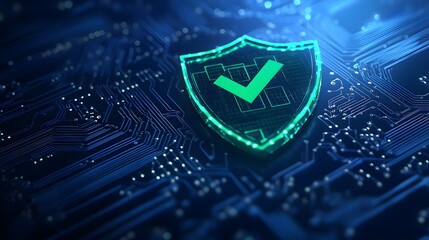Digital shield displaying a check mark, symbolizing cybersecurity and data protection on a blue, futuristic circuit board background.