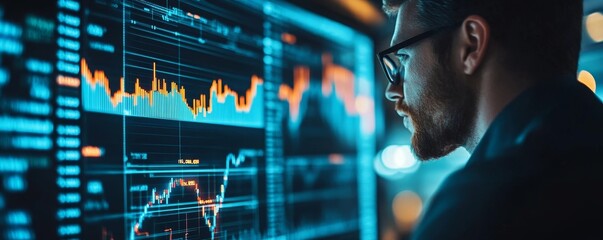 Business data and stock market analysis, currency exchange. Businessman analyzing financial graph, forex chart, economic growth, business finance and investment, Generative AI