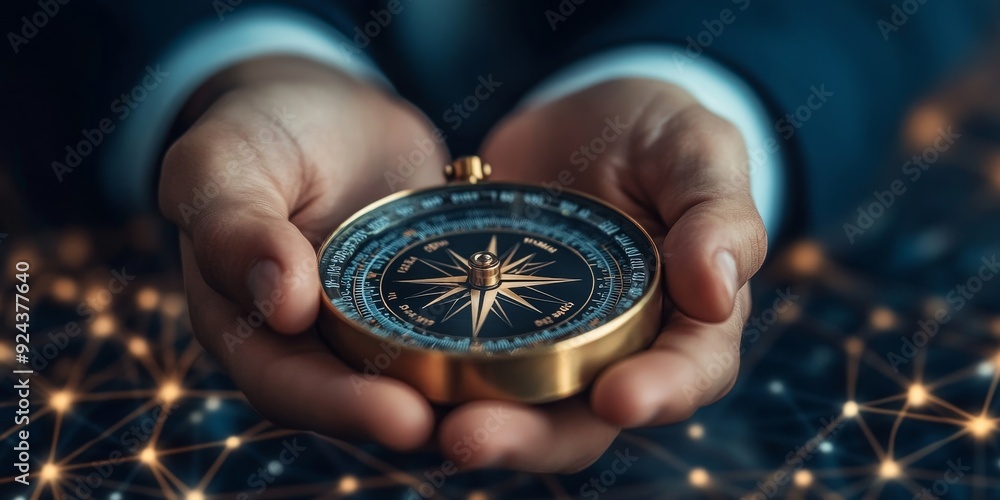 Poster businessman touching on virtual navigation compass and define marketing direction, analyzing busines