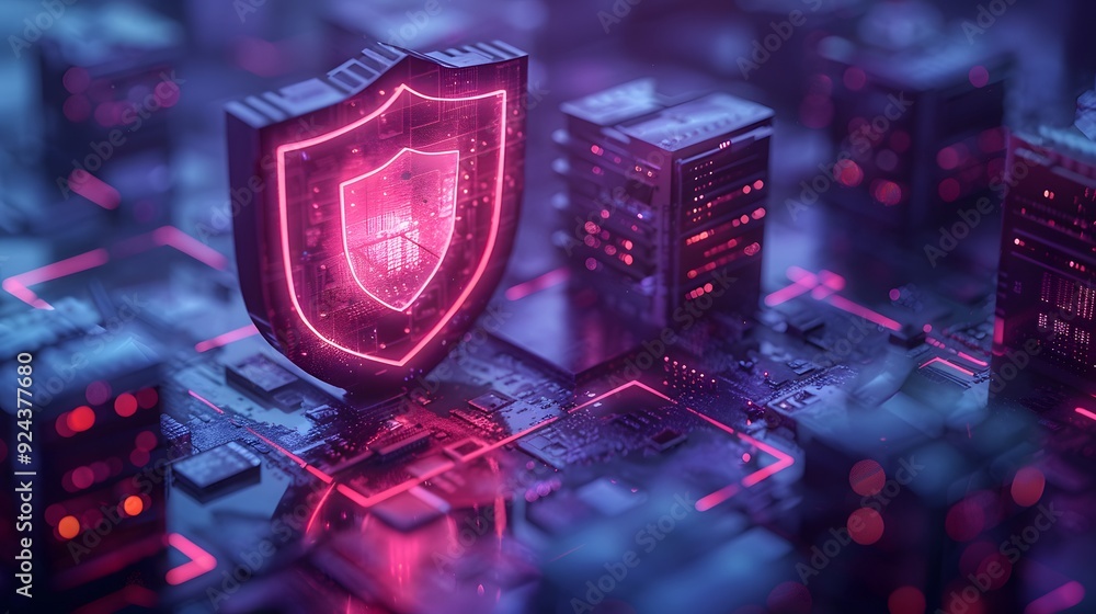 Poster digital shield representing cybersecurity amidst glowing, interconnected technology network in a fut