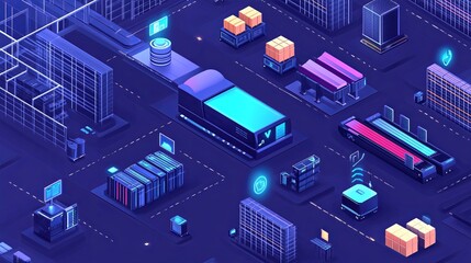 Fototapeta premium Isometric illustration of a smart warehouse management system, highlighting inventory control with IoT devices. Depict various sections of the warehouse, including shelving units